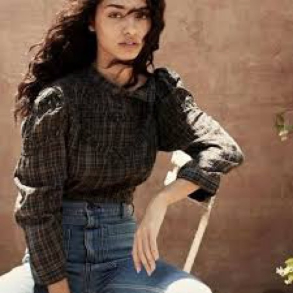 Doen Venice top French plaid navy blouse medium long sleeve